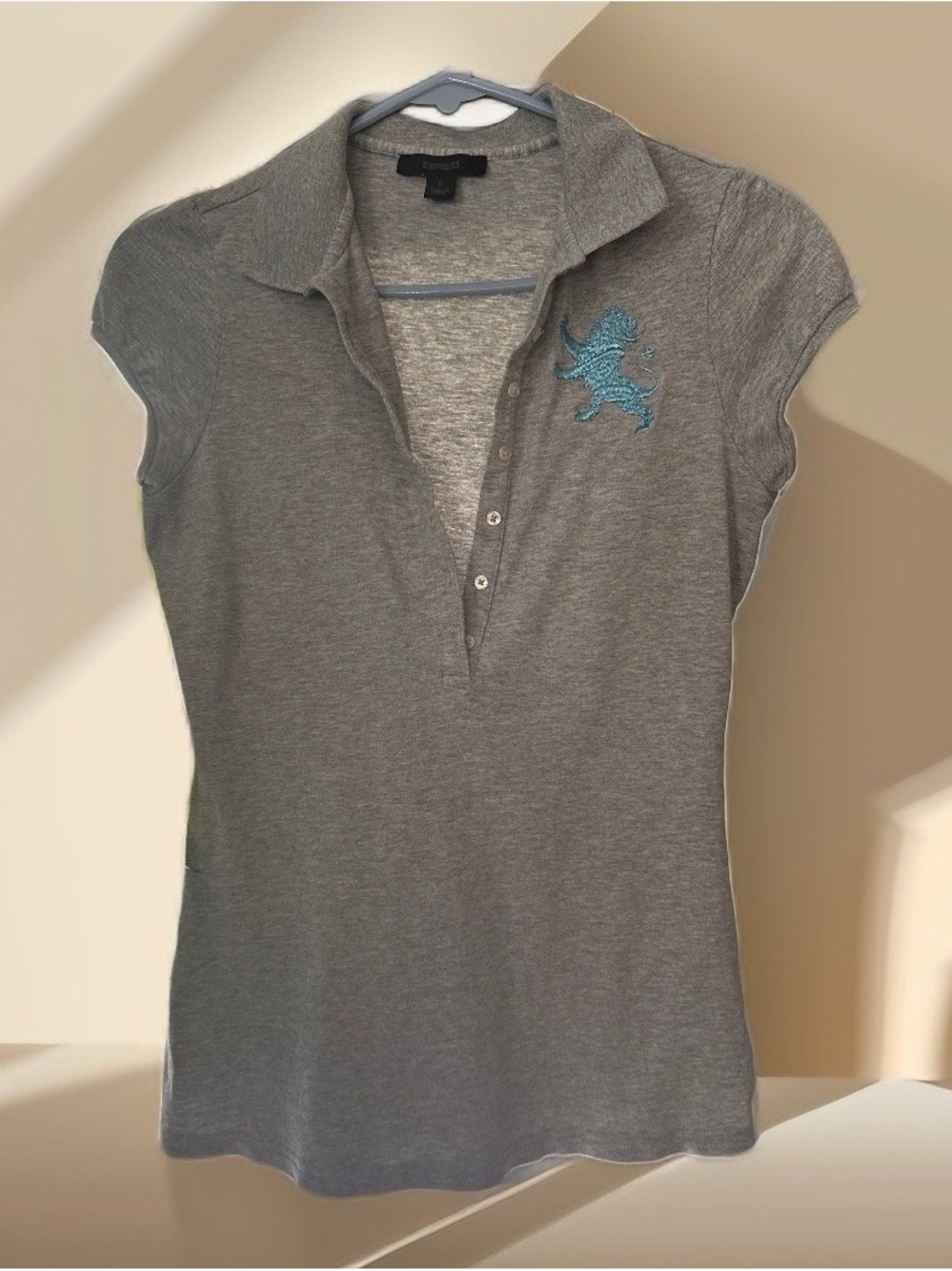 Express Gray Polo Top with Blue Embroidered Lion